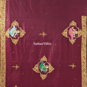 Maroon Doli Barat & Nartaki Theme Hand-Painted Pattachitra Saree