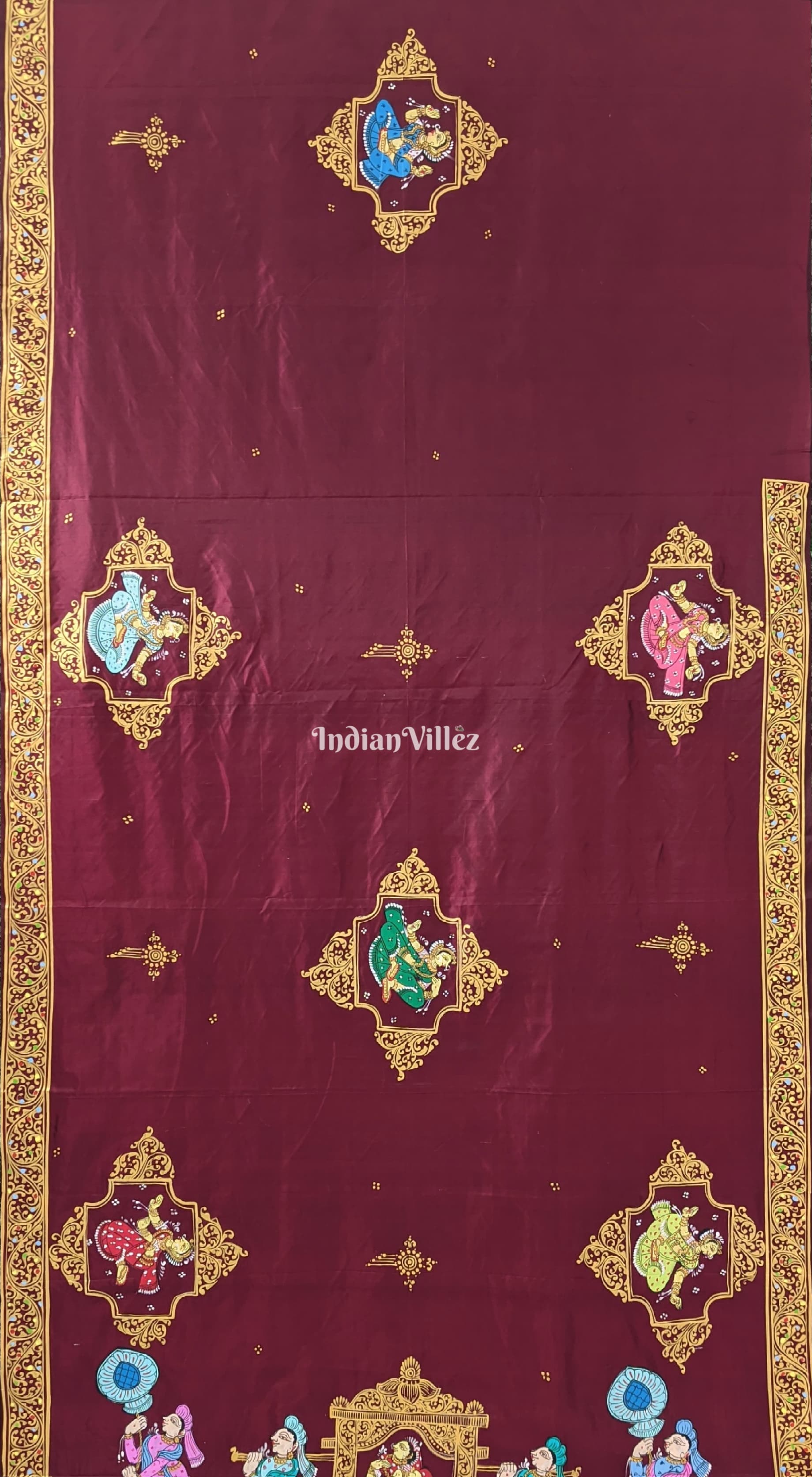 Maroon Doli Barat & Nartaki Theme Hand-Painted Pattachitra Saree