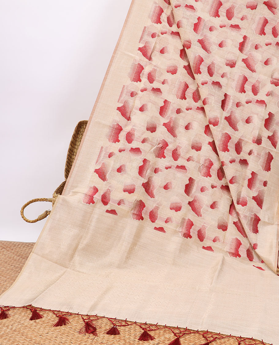 Cream intricate design semi-raw tussar saree with self border & plain pallu