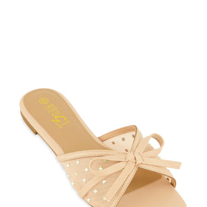 Mesh Rhinestone Bow Band Slide Sandals