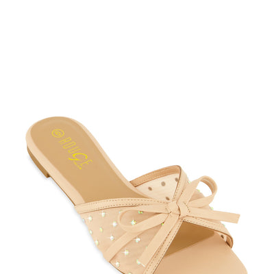 Mesh Rhinestone Bow Band Slide Sandals