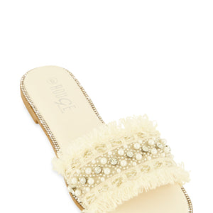 Rhinestone Trim Frayed Faux Pearl Band Slide Sandals