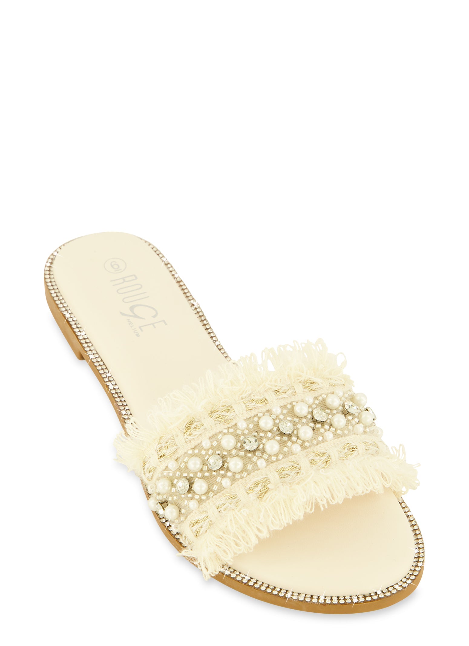 Rhinestone Trim Frayed Faux Pearl Band Slide Sandals