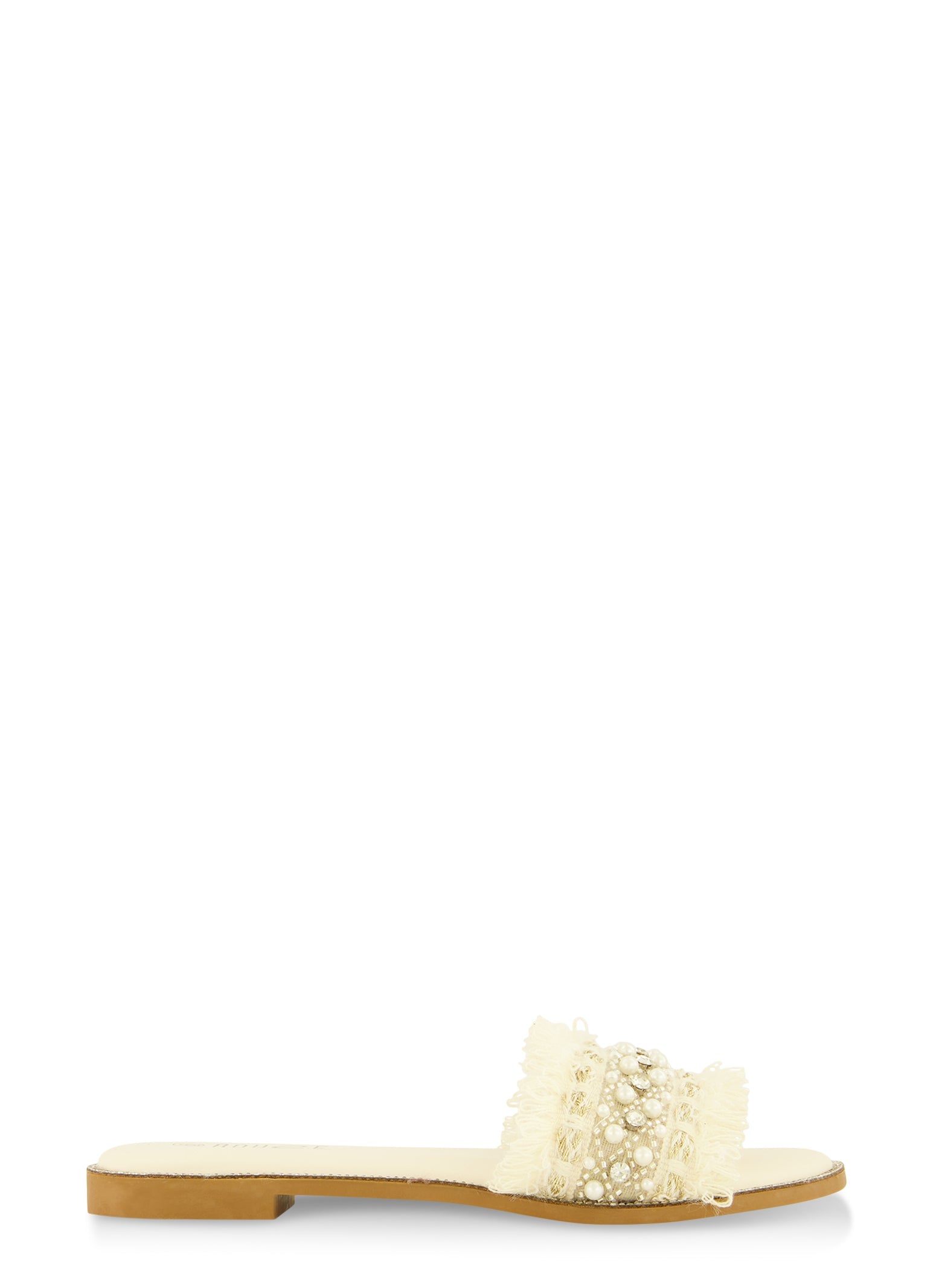 Rhinestone Trim Frayed Faux Pearl Band Slide Sandals