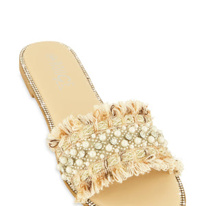 Rhinestone Trim Frayed Faux Pearl Band Slide Sandals