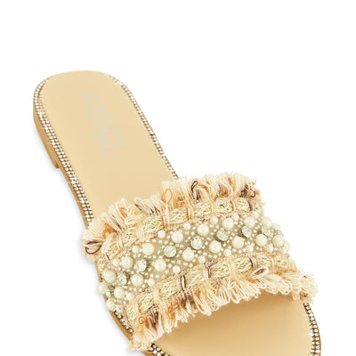 Rhinestone Trim Frayed Faux Pearl Band Slide Sandals