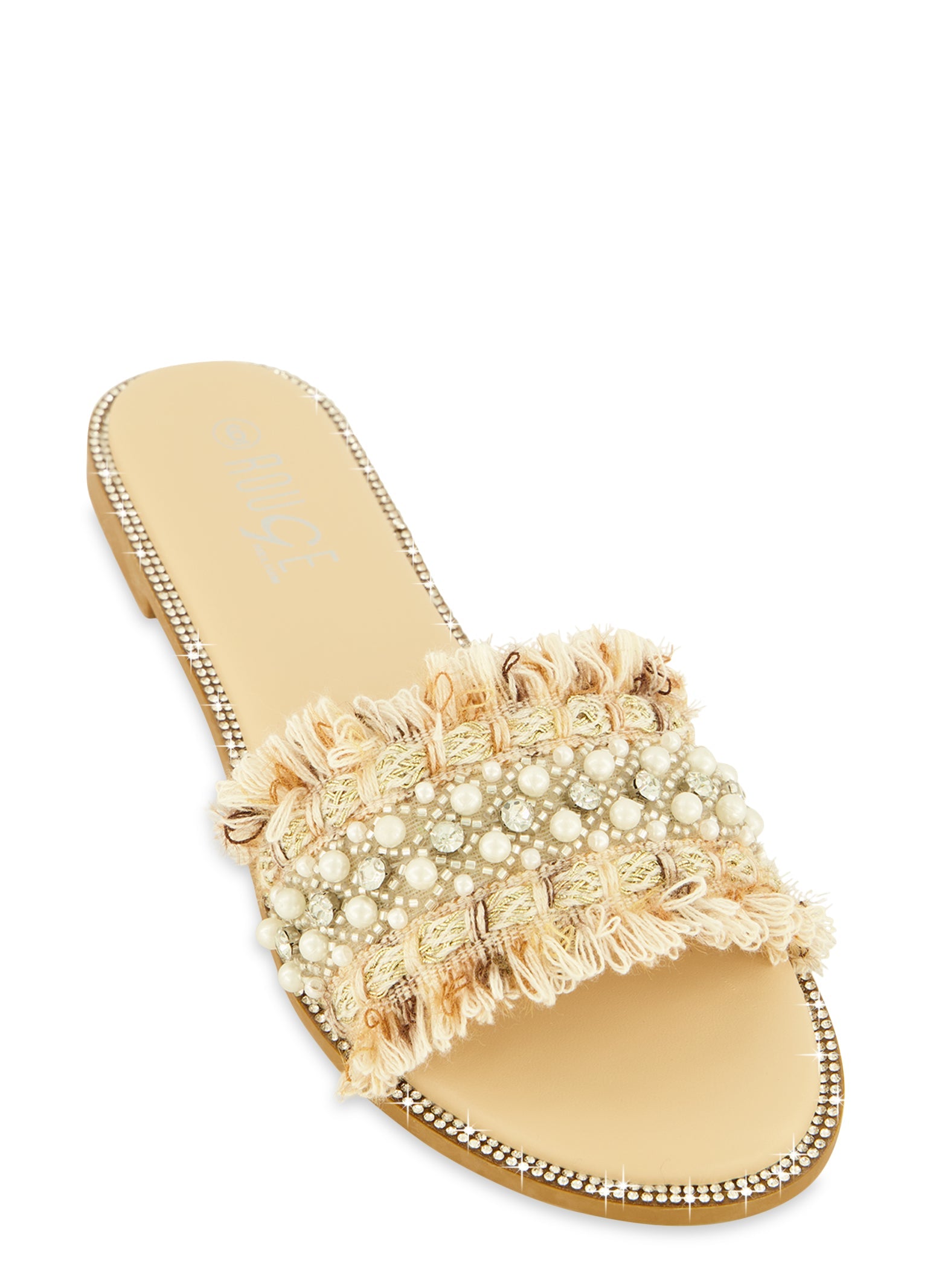 Rhinestone Trim Frayed Faux Pearl Band Slide Sandals