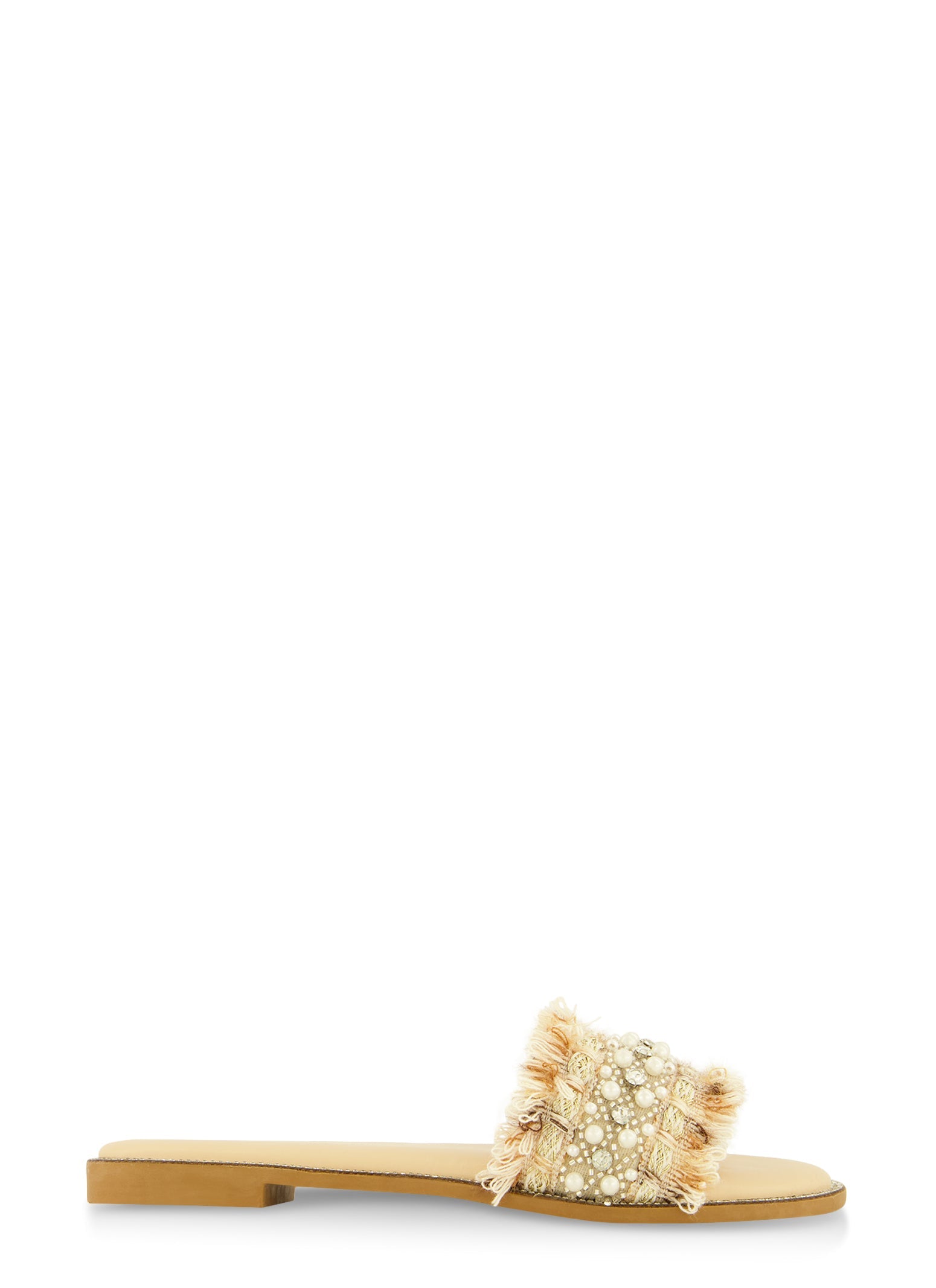 Rhinestone Trim Frayed Faux Pearl Band Slide Sandals