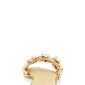 Rhinestone Trim Frayed Faux Pearl Band Slide Sandals