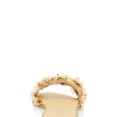 Rhinestone Trim Frayed Faux Pearl Band Slide Sandals