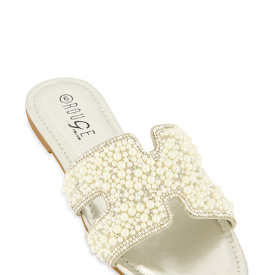 Faux Pearl Rhinestone H Band Slide Sandals
