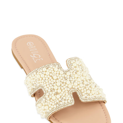 Faux Pearl Rhinestone H Band Slide Sandals