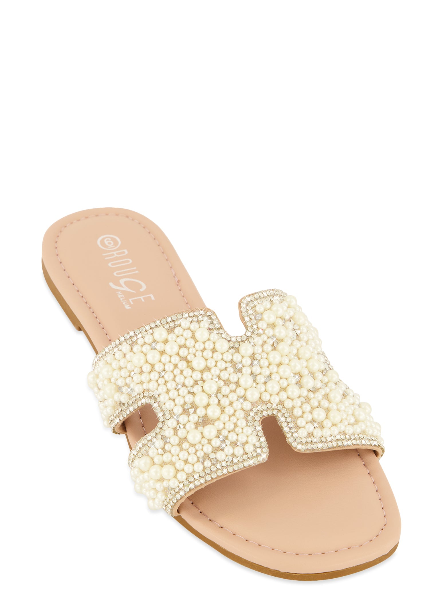 Faux Pearl Rhinestone H Band Slide Sandals