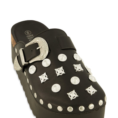 Studded Charm Buckle Round Toe Platform Clogs