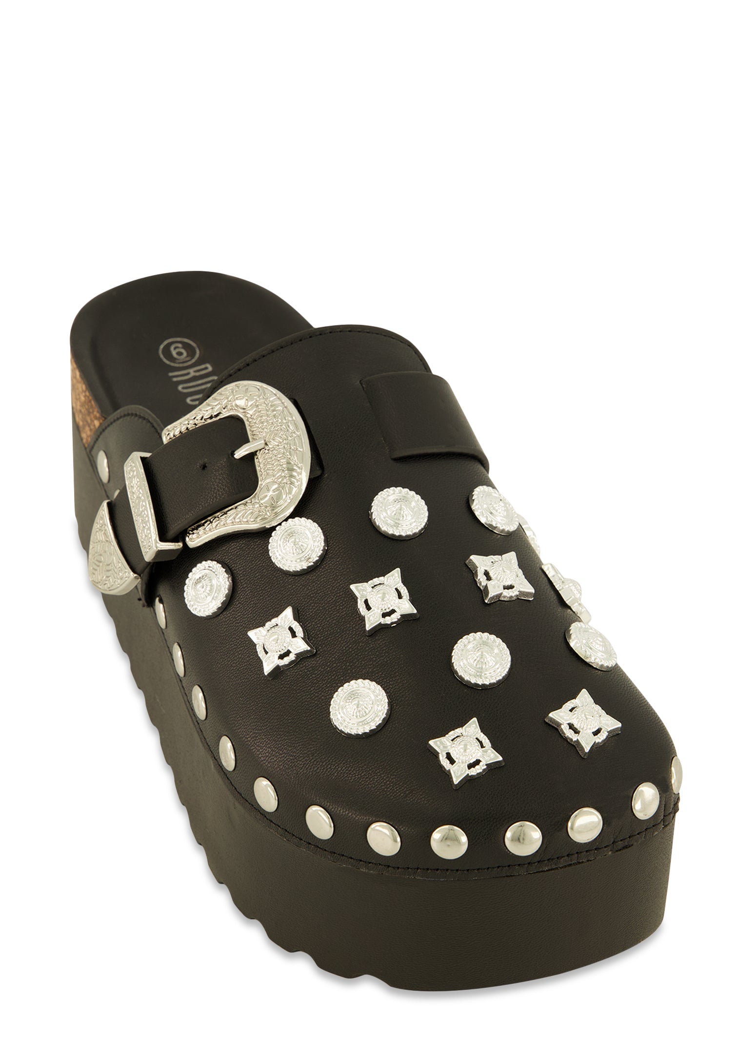 Studded Charm Buckle Round Toe Platform Clogs
