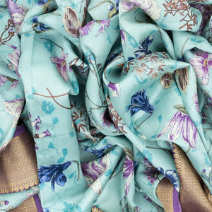 Turquoise Woven Chiniya Silk Saree Digital Printed With Floral Motifs