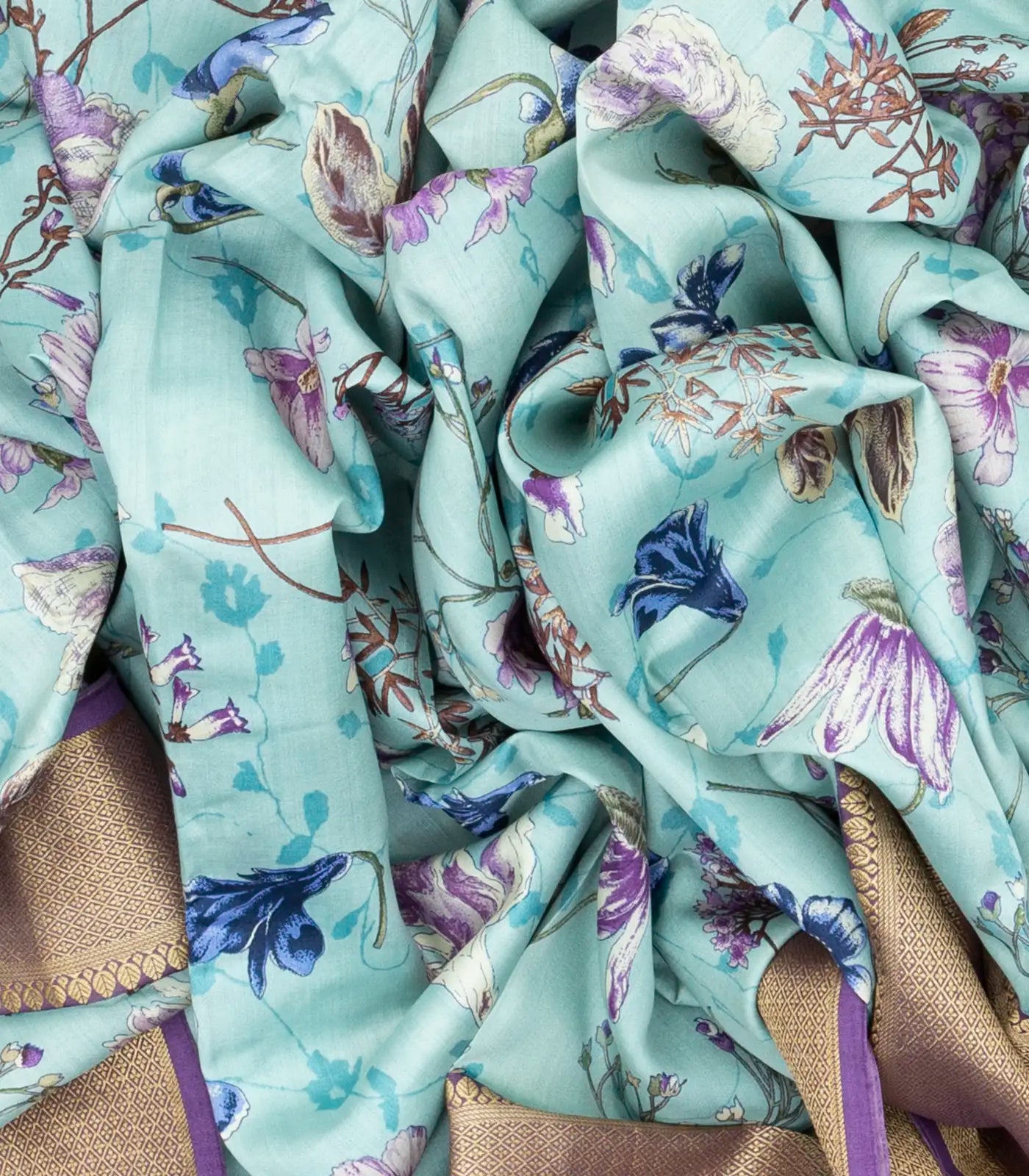 Turquoise Woven Chiniya Silk Saree Digital Printed With Floral Motifs