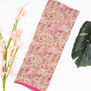 Taupe Woven Digital Printed Georgette Silk Saree With Floral Motifs
