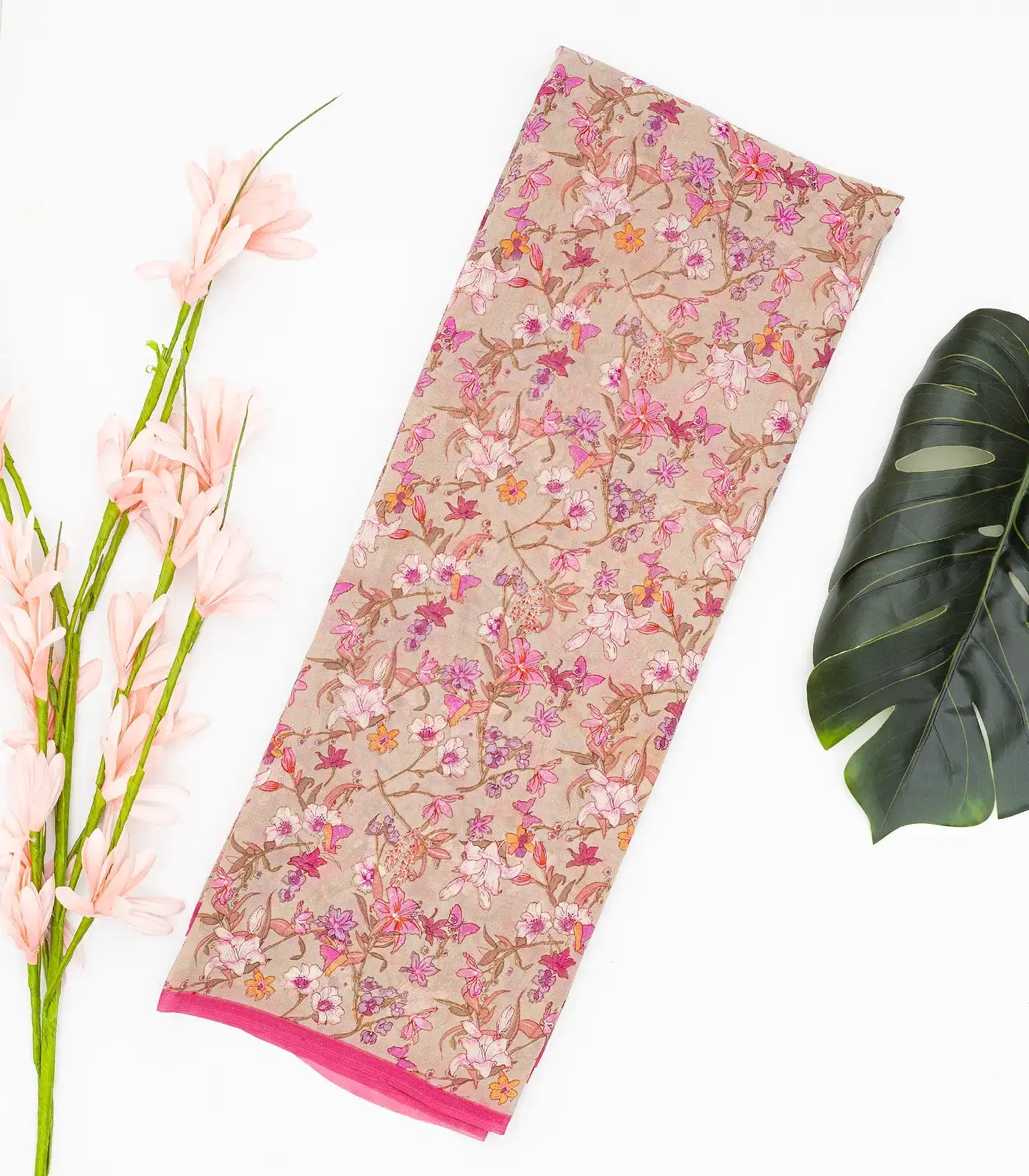 Taupe Woven Digital Printed Georgette Silk Saree With Floral Motifs