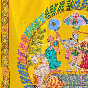 Yellow Krishna Rasa Leela Boita Theme Hand-Painted Pattachitra Saree (Pre Order)