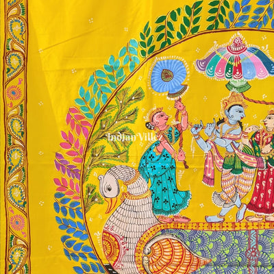 Yellow Krishna Rasa Leela Boita Theme Hand-Painted Pattachitra Saree (Pre Order)