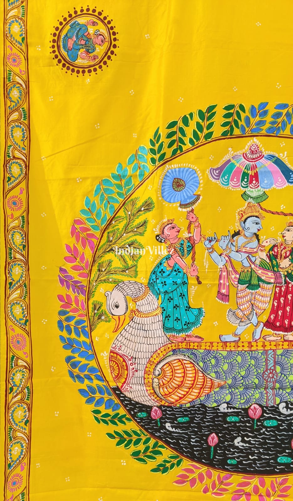 Yellow Krishna Rasa Leela Boita Theme Hand-Painted Pattachitra Saree (Pre Order)