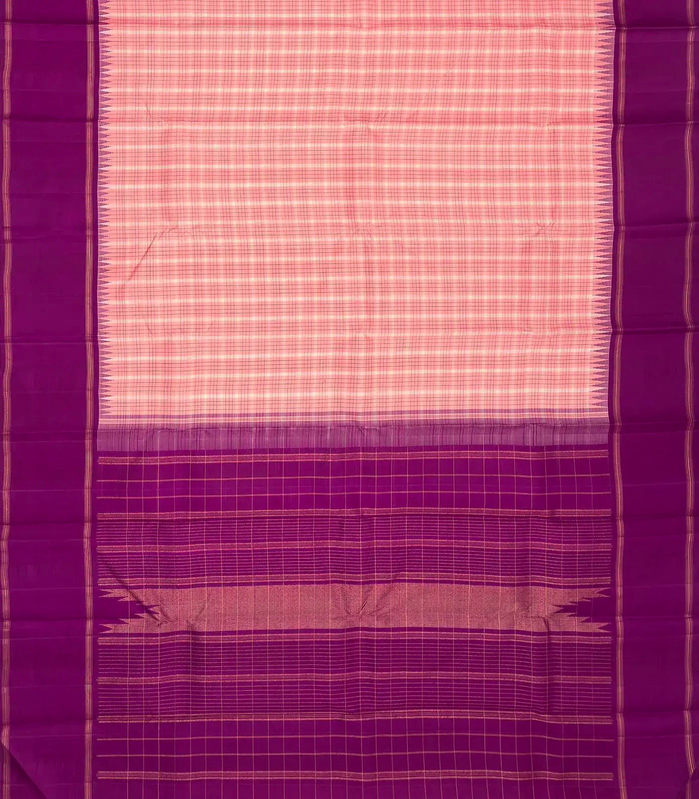 Baby Pink Handloom Korvai Kanchipuram Silk Saree With Checks