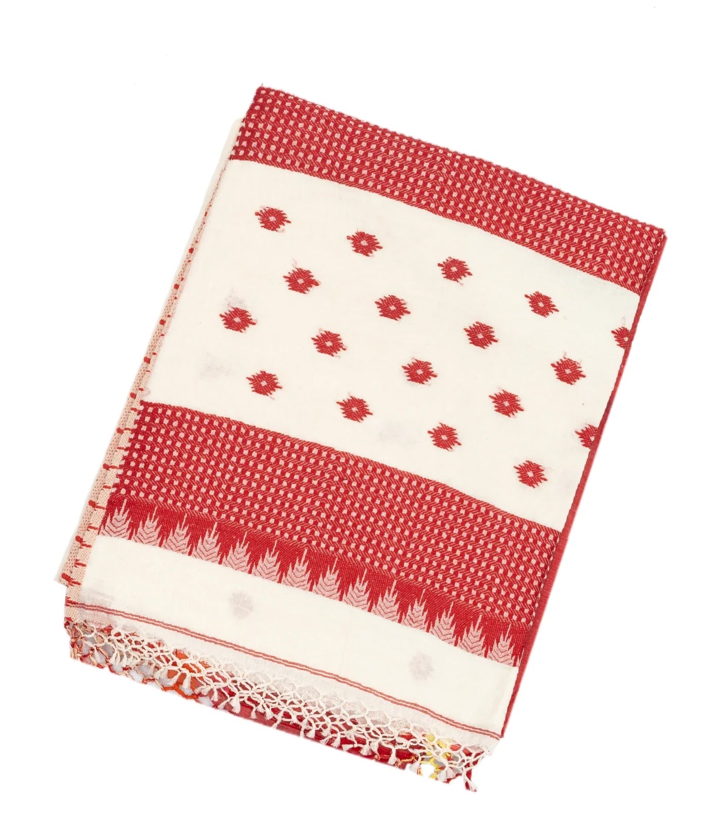 White Handloom Bengal Cotton Saree With Floral Buttas