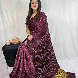 Pure Modal Silk Barik Bandhej work Bandhani Saree