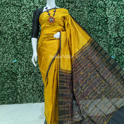 Yellow with Brown Kumbha Tussar Bomkai Sambalpuri Silk Saree