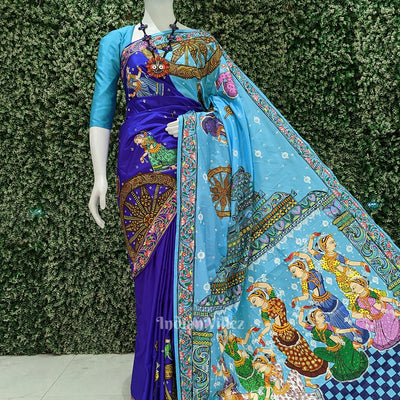 Copper Sulphate Nartaki Konark Temple Hand-Painted Pattachitra Saree