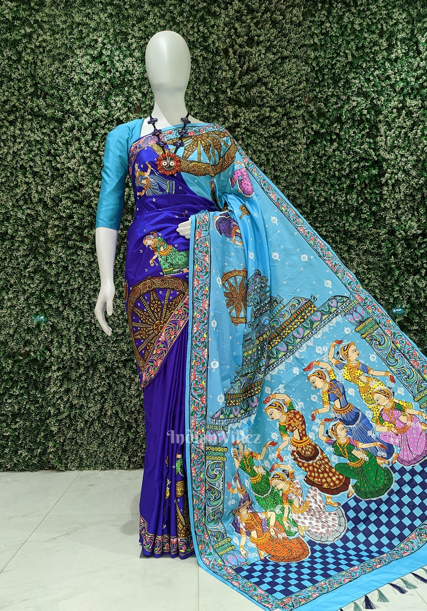 Copper Sulphate Nartaki Konark Temple Hand-Painted Pattachitra Saree