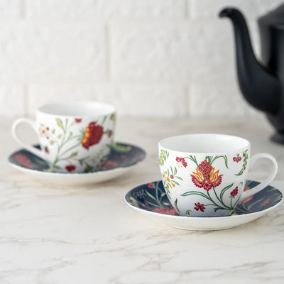 JCPL Ceramic Floral Printed Gardenia Cup & Saucer Set | 180 ML | White & Navy | Set of 12 Pcs