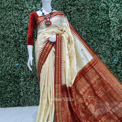 Cream Red Mahalaxmi Mantra Tissue Sambalpuri Bomkai Saree