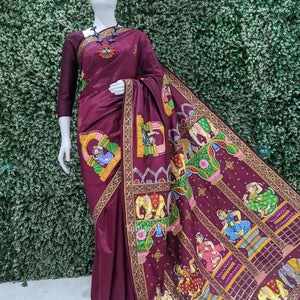 Maroon  Elephant & Shringar Ras Pattachitra Saree