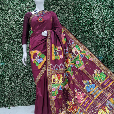 Maroon  Elephant & Shringar Ras Pattachitra Saree