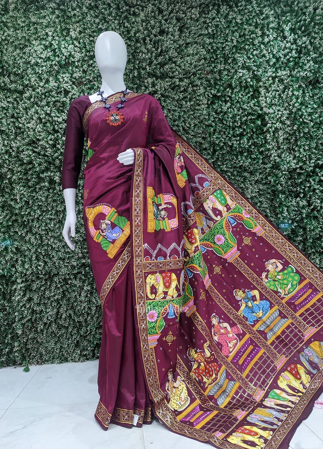 Maroon  Elephant & Shringar Ras Pattachitra Saree