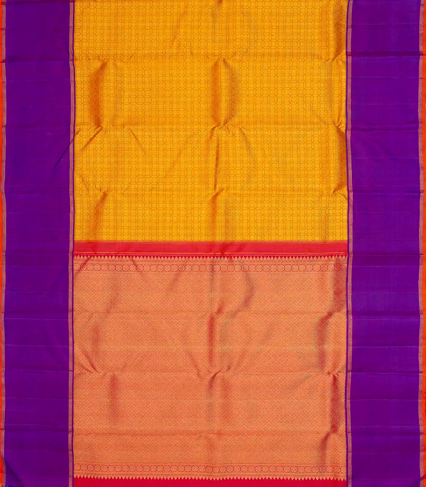 Turmeric Yellow Handloom Kanchipuram Korvai Silk Saree With Floral Motifs