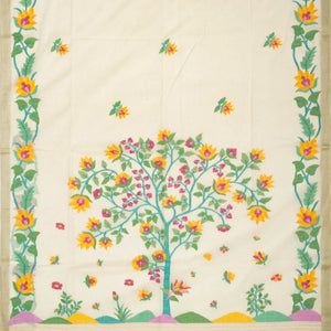 Off White Handloom Bengal Cotton Saree With Floral Meenakari Motifs in Border and Tree of Life Woven in the Jamdani Technique