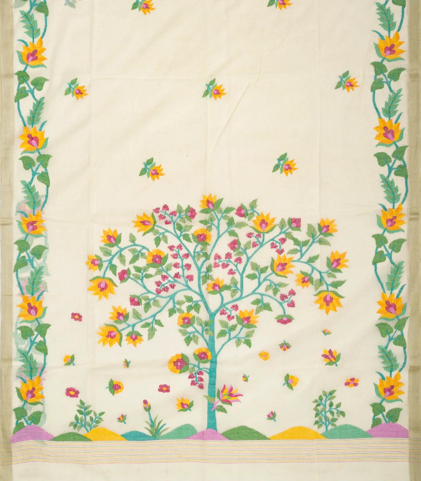 Off White Handloom Bengal Cotton Saree With Floral Meenakari Motifs in Border and Tree of Life Woven in the Jamdani Technique