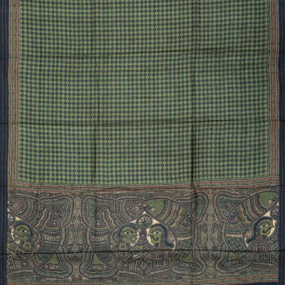 Green Handloom Tussar Silk Saree Printed With Checks