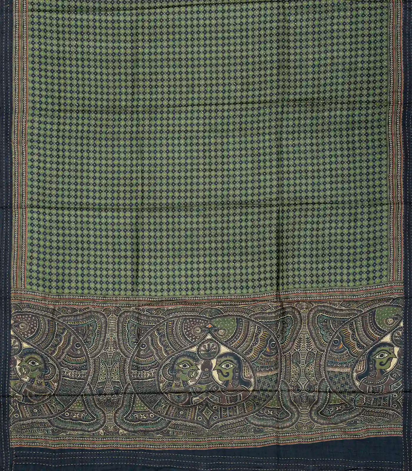 Green Handloom Tussar Silk Saree Printed With Checks