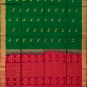 Dark Green Handloom Soft Silk Saree With Buttas & Pink Pallu