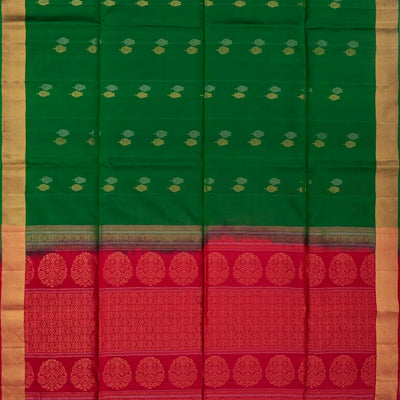 Dark Green Handloom Soft Silk Saree With Buttas & Pink Pallu