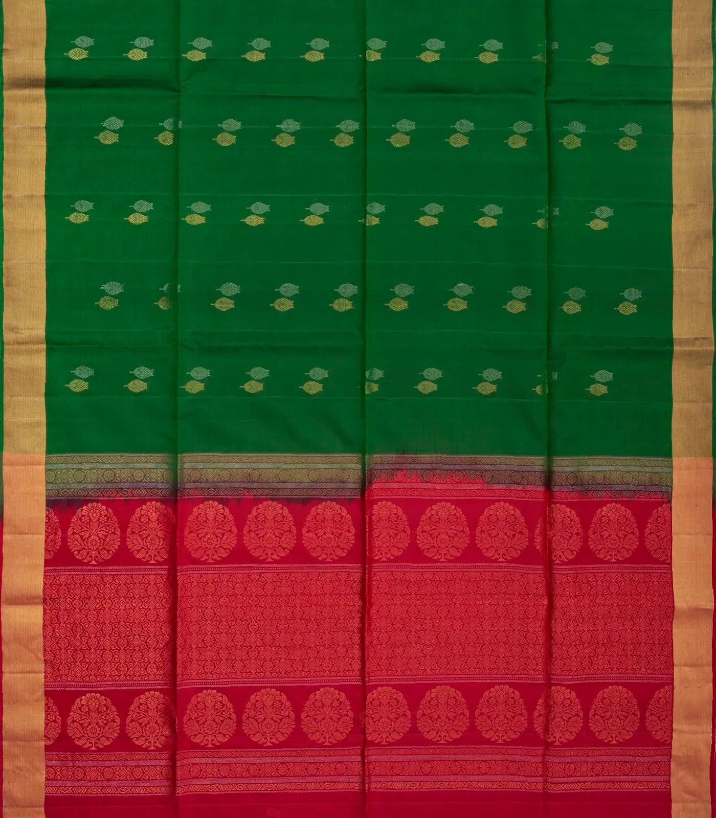 Dark Green Handloom Soft Silk Saree With Buttas & Pink Pallu