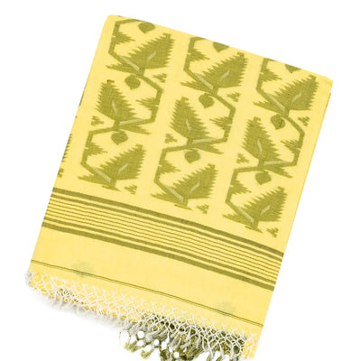 Lemon Yellow Handloom Bengal Cotton Saree With Floral Buttas