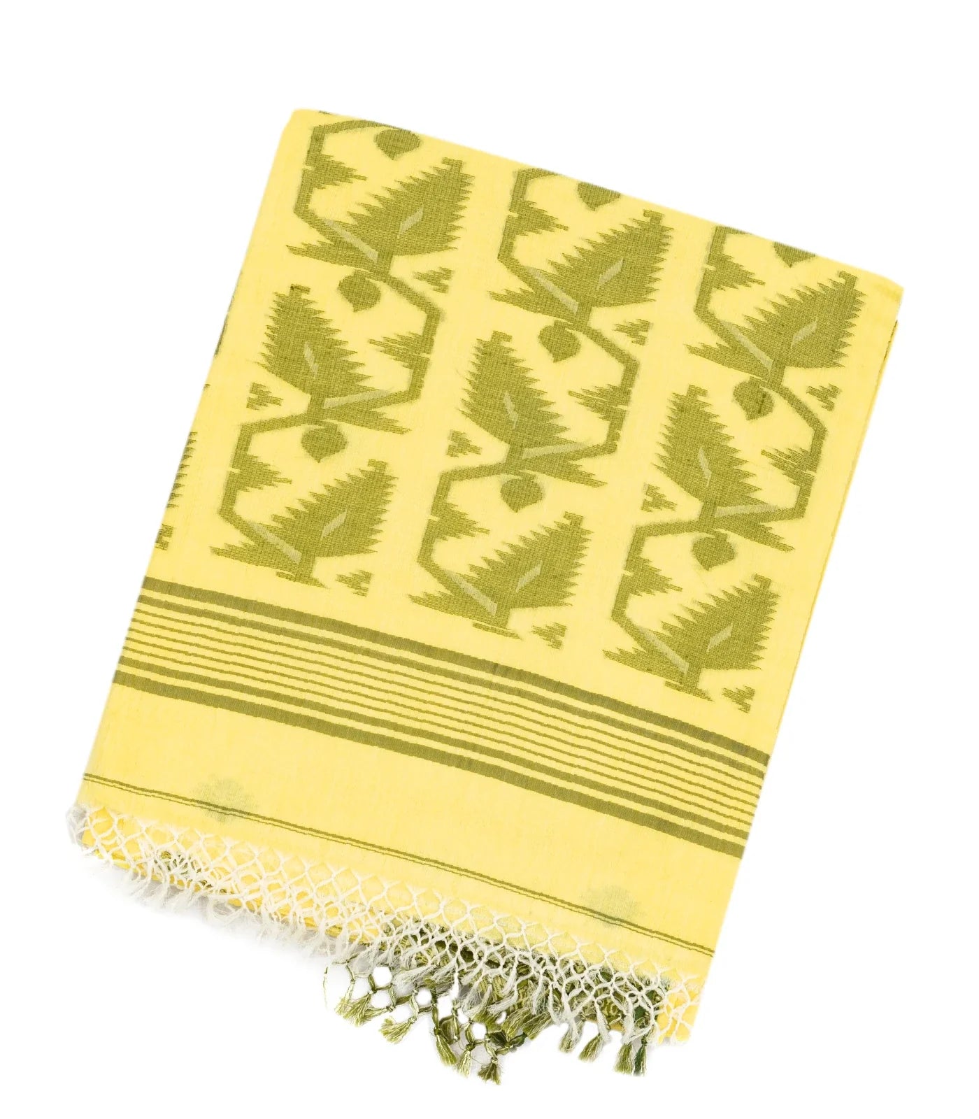 Lemon Yellow Handloom Bengal Cotton Saree With Floral Buttas