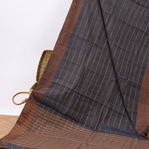 Blue striped semi-banaras tussar saree with contrast border & checked pallu