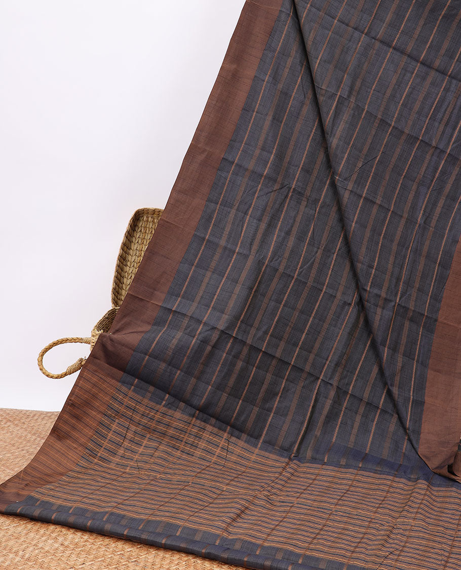 Blue striped semi-banaras tussar saree with contrast border & checked pallu