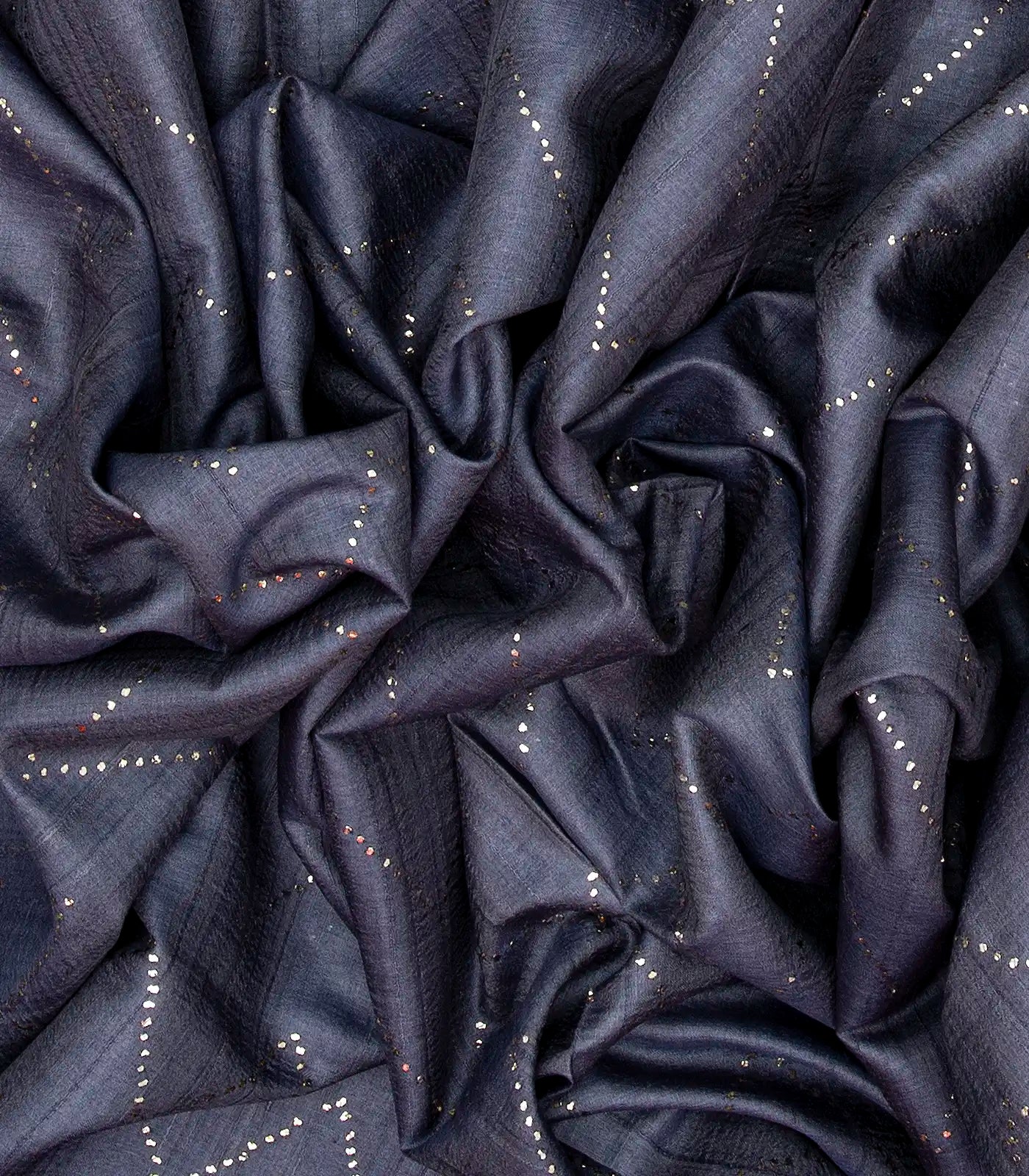 Dark Grey Handloom Tussar Silk Saree With Embroidered Chevron Mirror Motifs